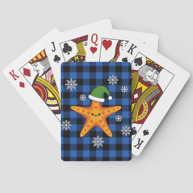 Kawaii Xmas Starfish on Blue Buffalo Pattern Playing Cards (Back)