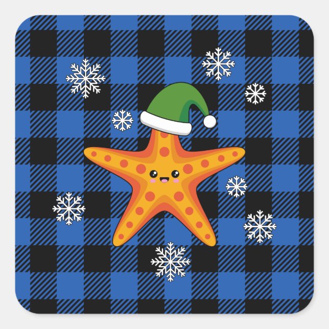 Kawaii Xmas Starfish on Blue Buffalo Pattern Square Sticker (Front)