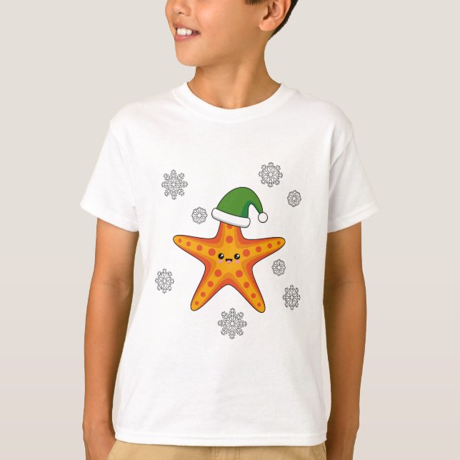 Kawaii Xmas Starfish on Blue Buffalo Pattern T-Shirt (Front)