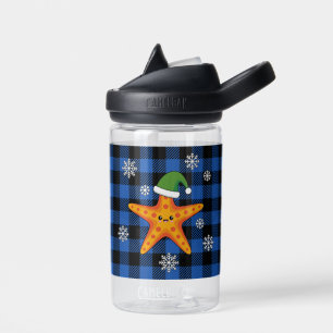 Kawaii Xmas Starfish on Blue Buffalo Pattern Water Bottle