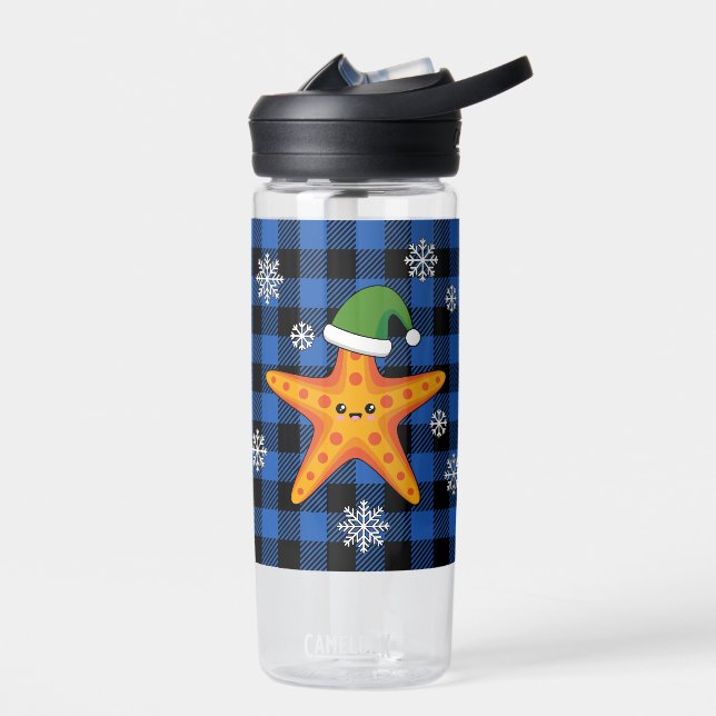 Kawaii Xmas Starfish on Blue Buffalo Pattern Water Bottle (Left)