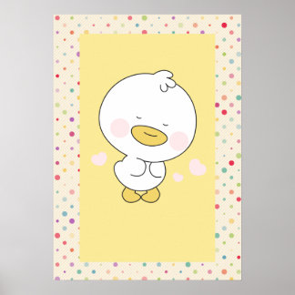 Kawaii Yellow Duckling with Polka Dot Nursery Art Poster