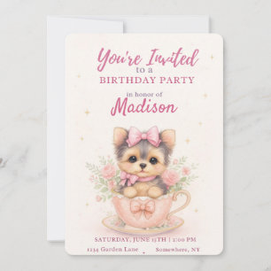 Kawaii Yorkie Teacup Girl’s Birthday Invitation