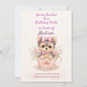 Kawaii Yorkie Teacup Girl’s Birthday Invitation