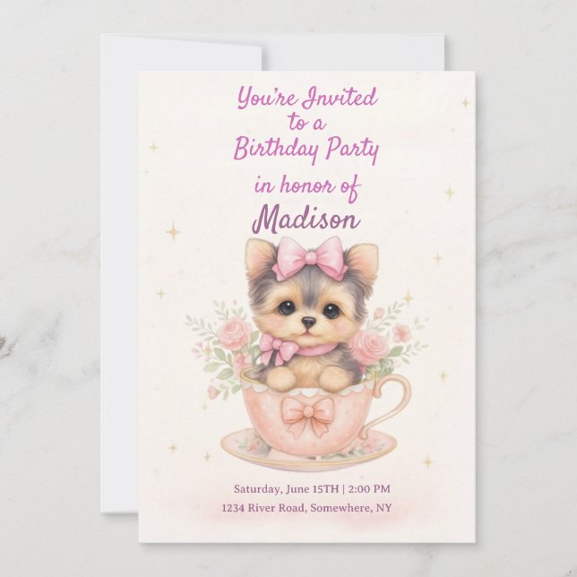 Kawaii Yorkie Teacup Girl’s Birthday Invitation (Front)