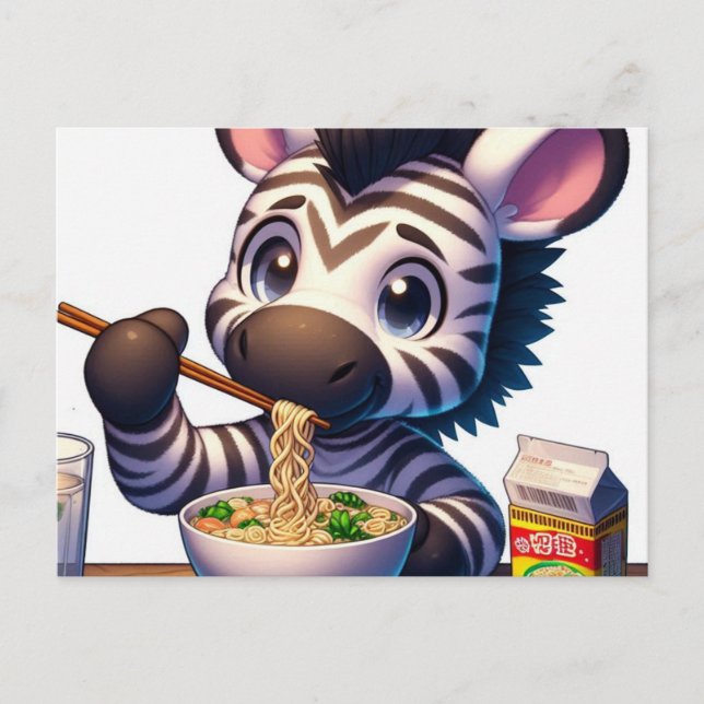 Kawaii Zebra Eating Ramen Postcard (Front)