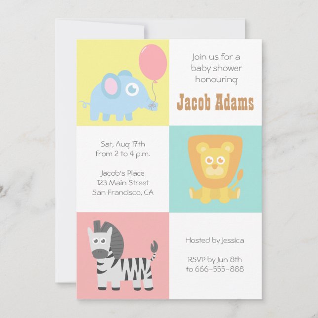 Kawaii Zoo Animals Theme Baby Shower Invite (Front)