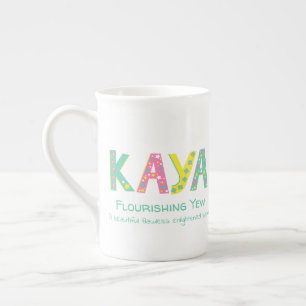Kaya name graphic flowers stars green yellow pink  bone china mug