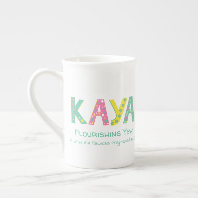 Kaya name graphic flowers stars green yellow pink  bone china mug (Left)