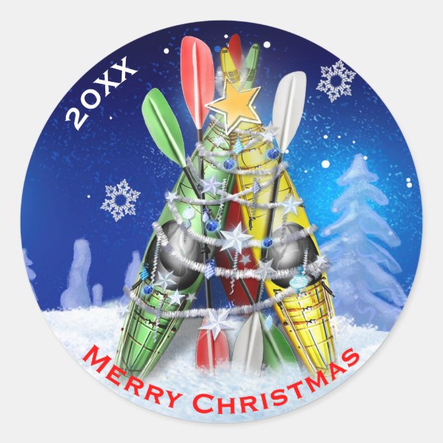 Kayak Christmas Tree custom Classic Round Sticker (Front)