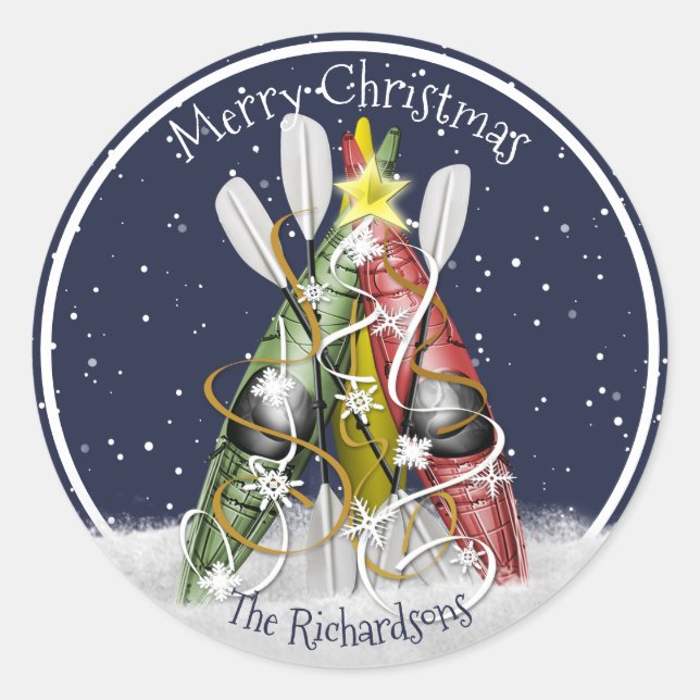 Kayak Christmas Tree wintertime kayaking paddling Classic Round Sticker (Front)