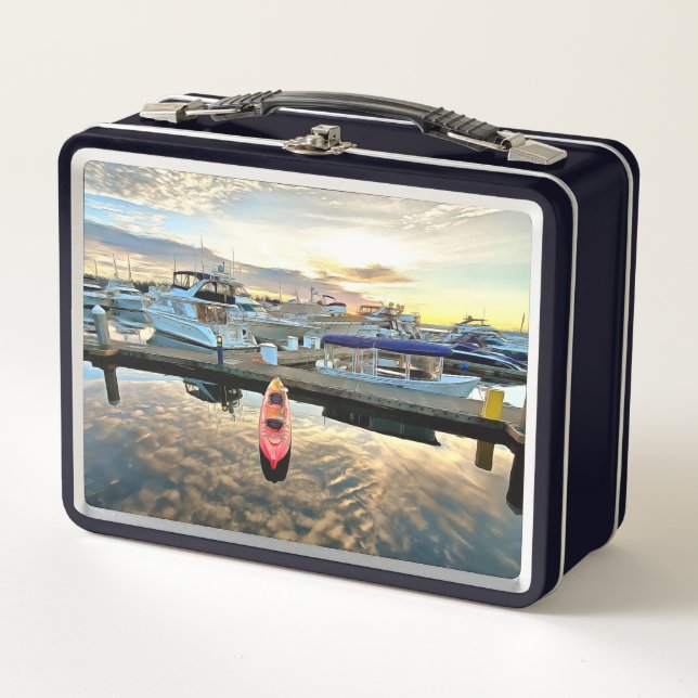 Kayak Floating Over Clouds and Sunset Reflection Metal Lunch Box (Front)