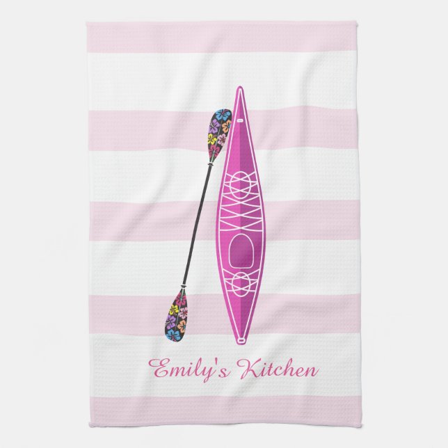 Kayak Girl Pink Stripes Tea Towel (Vertical)
