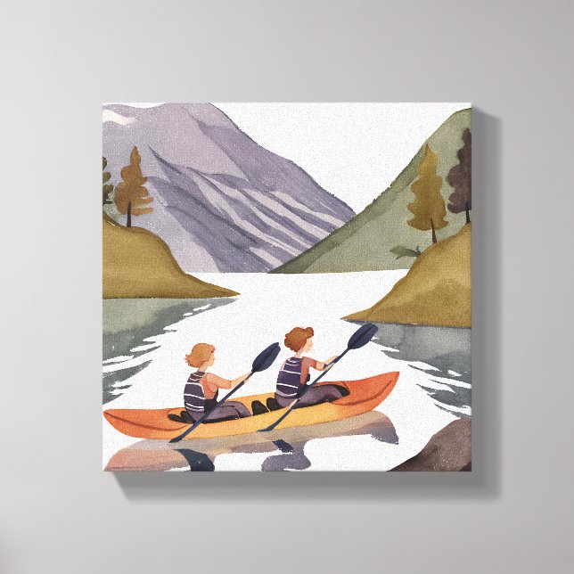 Kayak Ride on Lake | Mountain Nature Watercolor Canvas Print (Front)