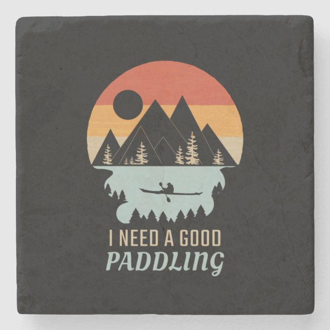 Kayaking Mountains Retro Stone Coaster (Front)