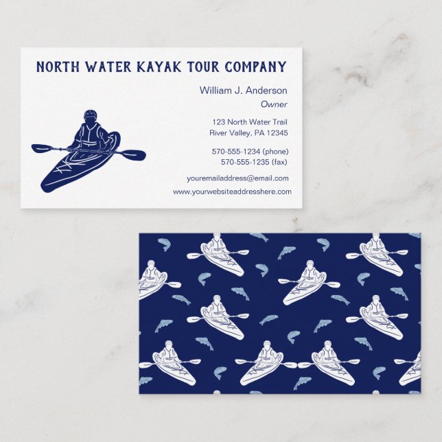 Kayaking Tours Lessons Sales Navy Blue Kayak Business Card (Front/Back)