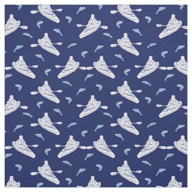 Kayaks and Fish Navy Blue and White Patterned Fabric (Swatch)