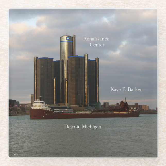 Kaye E. Barker Detroit glass coaster (Front)