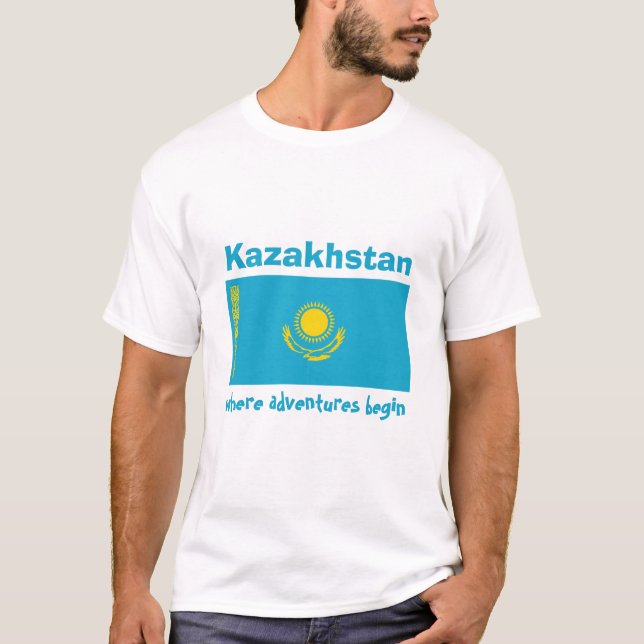 Kazakhstan Flag + Map + Text T-Shirt (Front)