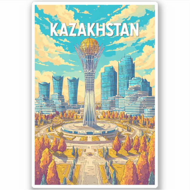 Kazakhstan Illustration Travel Art Vintage (Front)