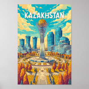 Kazakhstan Illustration Travel Art Vintage Poster