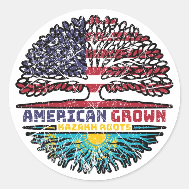 Kazakhstan Kazakh American USA Tree Roots Flag Classic Round Sticker (Front)