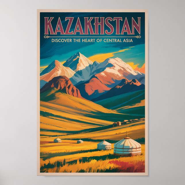 Kazakhstan Steppes Illustration Travel Art Vintage Poster (Front)