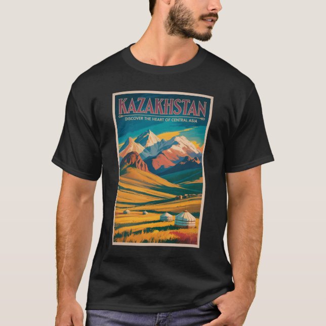 Kazakhstan Steppes Illustration Travel Art Vintage T-Shirt (Front)