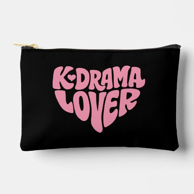 Kdrama Lover Pink Heart Typography Simple Black Accessory Pouch (Front)