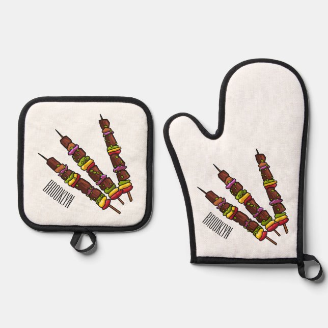 Kebab or kabob cartoon illustration oven mitt & pot holder set (Front)