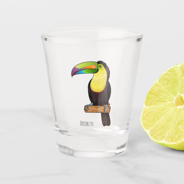Keel-billed toucan bird cartoon illustration  shot glass (Front)