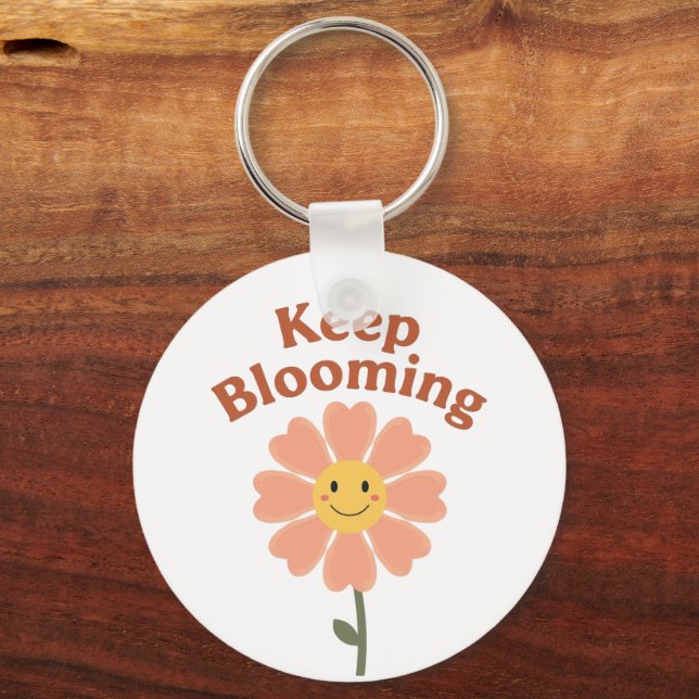 "Keep Blooming" Retro Smiling Flower Key Ring (Front)