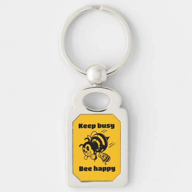 Keep Busy Be Happy Busy Bee Motivational Cartoon Key Ring (Front)