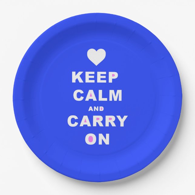 KEEP CALM AN CARRY ON Blue Paper Plate (Front)