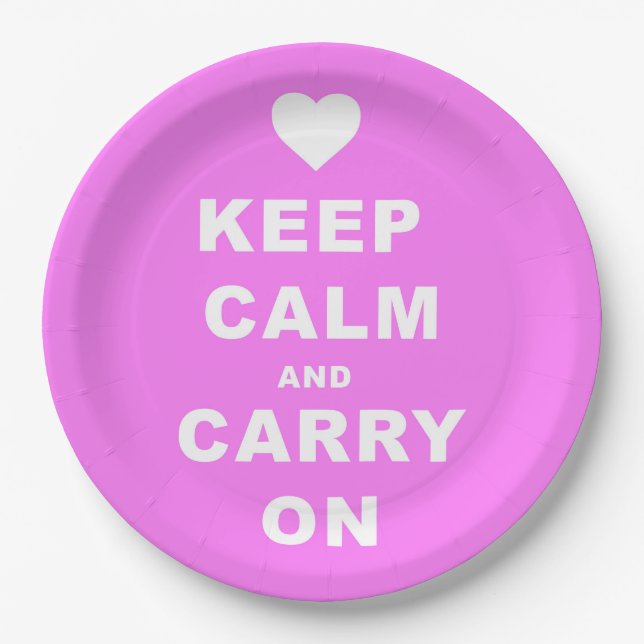 KEEP CALM AN CARRY ON Pink Paper Plate (Front)