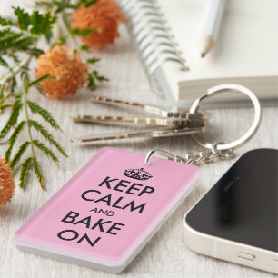 Keep calm and bake on funny pink keychain gift