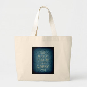 Keep Calm and Carry On Blue Grunge Digital Art Large Tote Bag