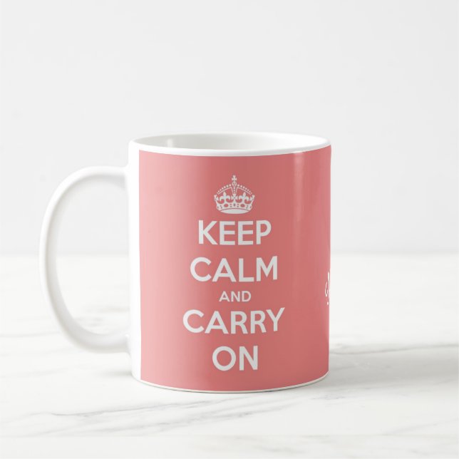 Keep Calm and Carry On Coral Pink Personalised Coffee Mug (Left)