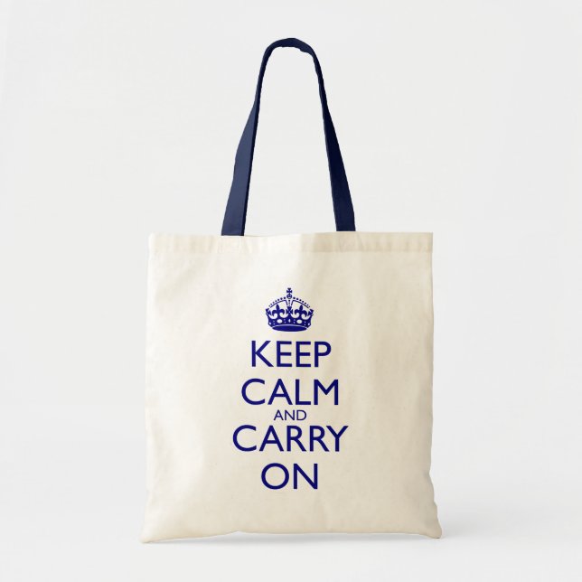 Keep Calm and Carry On Navy Blue Text Tote Bag (Front)