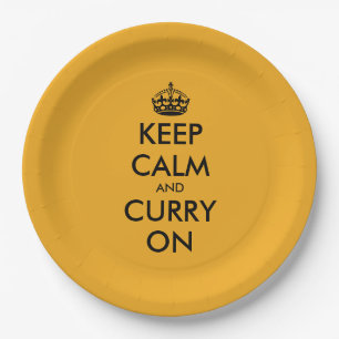 Keep calm and curry on funny yellow paper party plate