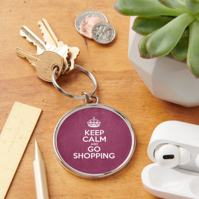 Keep Calm and Go Shopping - Pink Leather Key Ring (Desk)