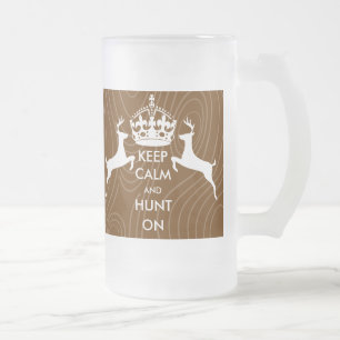 KEEP CALM and HUNT ON Two Pancing Deer Wood Grain Frosted Glass Beer Mug