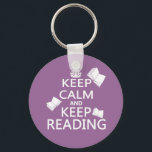 Keep Calm and Keep Reading Key Ring<br><div class="desc">This is the classic war poster "Keep Calm and Carry On" reworded to "Keep Calm and Keep Reading". It's written in white on a coloured background and is accompanied by the silhouettes of three falling books. Available on a wide range of products, including notepads, stickers, buttons, book bags, and t-shirts,...</div>