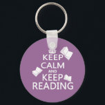 Keep Calm and Keep Reading Key Ring<br><div class="desc">This is the classic war poster "Keep Calm and Carry On" reworded to "Keep Calm and Keep Reading". It's written in white on a coloured background and is accompanied by the silhouettes of three falling books. Available on a wide range of products, including notepads, stickers, buttons, book bags, and t-shirts,...</div>