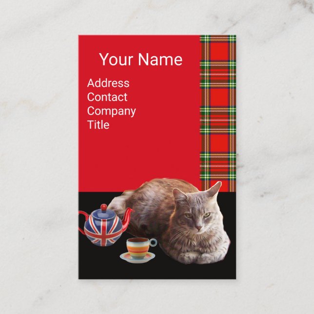 "KEEP CALM AND KITTY ON" CAT TEA PARTY,RED TARTAN BUSINESS CARD (Front)