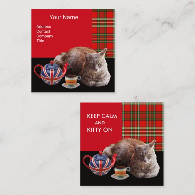 "KEEP CALM AND KITTY ON" CAT TEA PARTY,RED TARTAN SQUARE BUSINESS CARD (Front/Back)