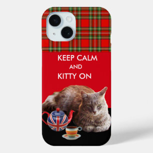 KEEP CALM AND KITTY ON ,RED TARTAN CAT TEA PARTY iPhone 15 CASE