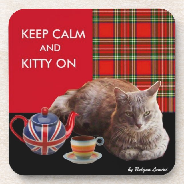 "KEEP CALM AND KITTY ON" ,RED TARTAN,CAT TEA PARTY COASTER (Front)