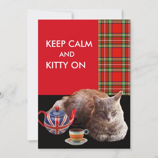 "KEEP CALM AND KITTY ON" ,RED TARTAN,CAT TEA PARTY INVITATION (Front)