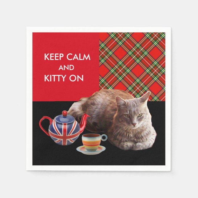 "KEEP CALM AND KITTY ON" ,RED TARTAN,CAT TEA PARTY NAPKIN (Front)